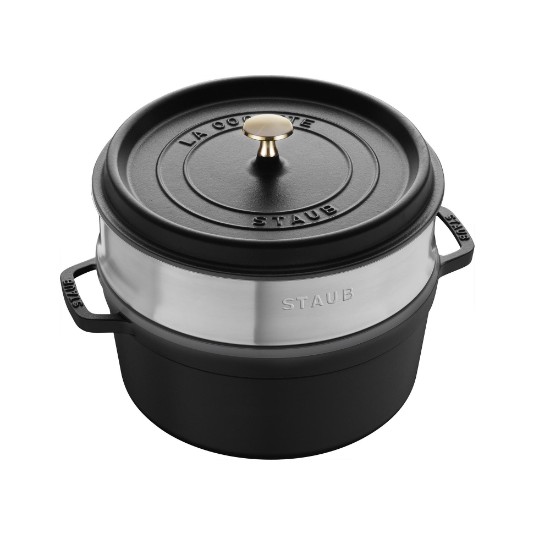 Cast iron Cocotte cooking pot, with steam cooking attachment, 24cm/3.79L, Black - Staub