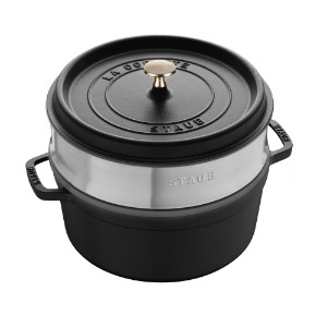 Cast iron Cocotte cooking pot, with steam cooking accessory, 26 cm/5.2L, Black - Staub