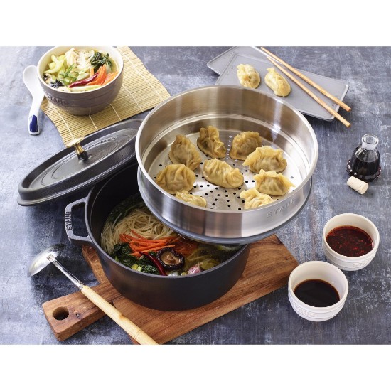 Cast iron Cocotte cooking pot, with steam cooking attachment, 24cm/3.79L, Black - Staub