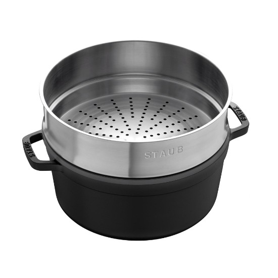 Dökme demir Cocotte tencere, buharlı pişirme aparatlı, 24cm/3,79L, Black - Staub