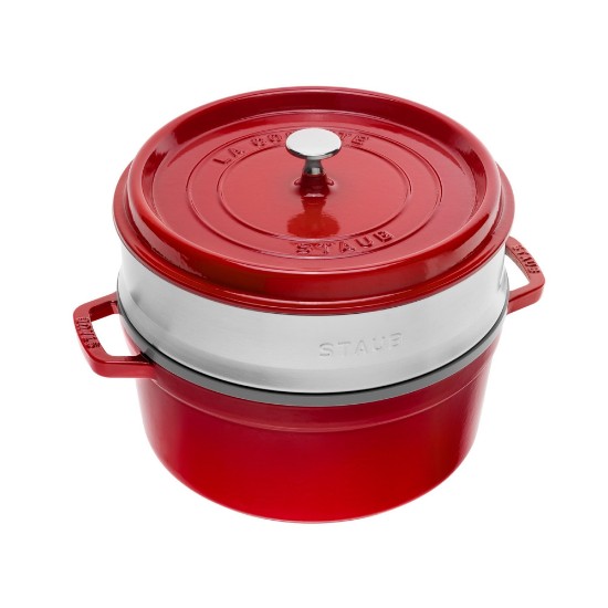 Olla de cocción Cocotte de hierro fundido, con accesorio de cocción al vapor, 24cm / 3.79L, <<Cherry>> - Staub