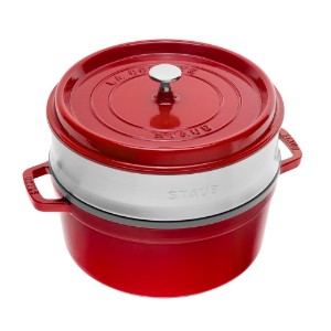Cast iron Cocotte cooking pot, with steam cooking attachment, 26 cm/5.2L, Cherry - Staub