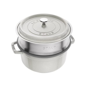 Cast iron Cocotte cooking pot, with steam cooking attachment, 24cm/3.79L, White Truffle - Staub