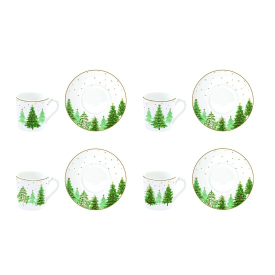 4 arbatinukų rinkinys su lėkštutėmis, porcelianas, 100 ml, "Šventiniai MEDŽIAI" - Nuova R2S