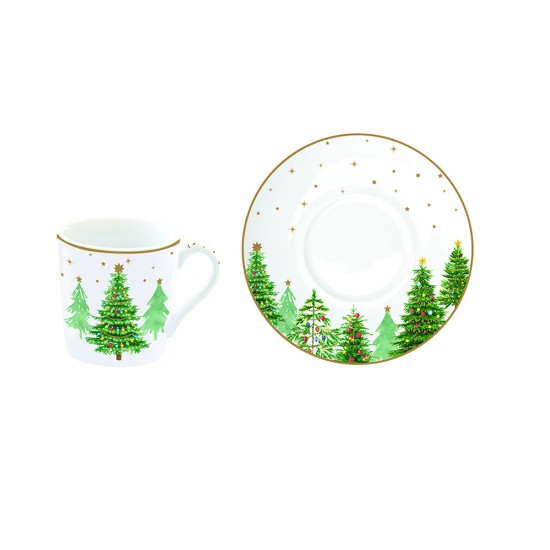 Set 4 skodelic za čaj s krožnički, porcelan, 100 ml, "Festive TREES" - Nuova R2S