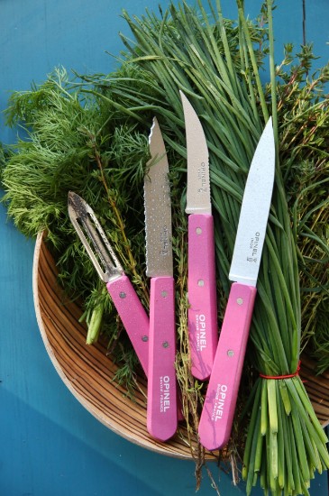 N°112 kniv för att skala frukt och grönsaker, rostfritt stål, 10 cm, "Les Essentiels", Fuchsia - Opinel