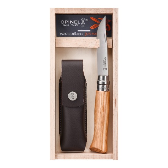 N°08 zsebkés tokkal, rozsdamentes acél, 8,5 cm, "Tradition Luxe", Olive - Opinel