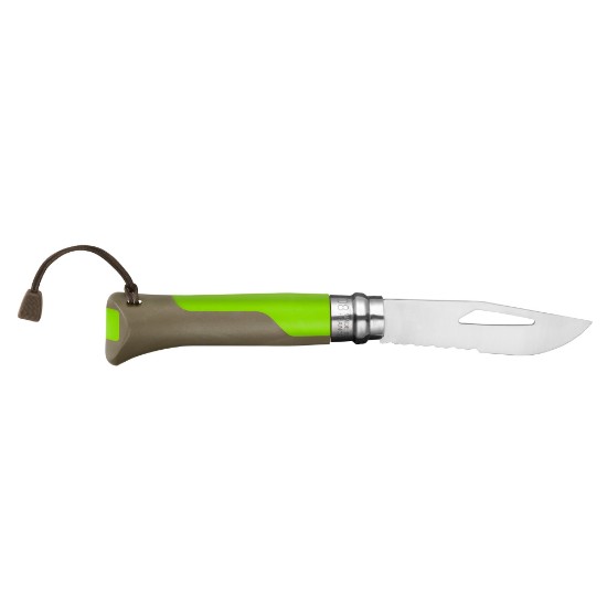 N°08 sikkina tal-but bi whistle, stainless steel, 8.5 cm, "Outdoor", Green - Opinel