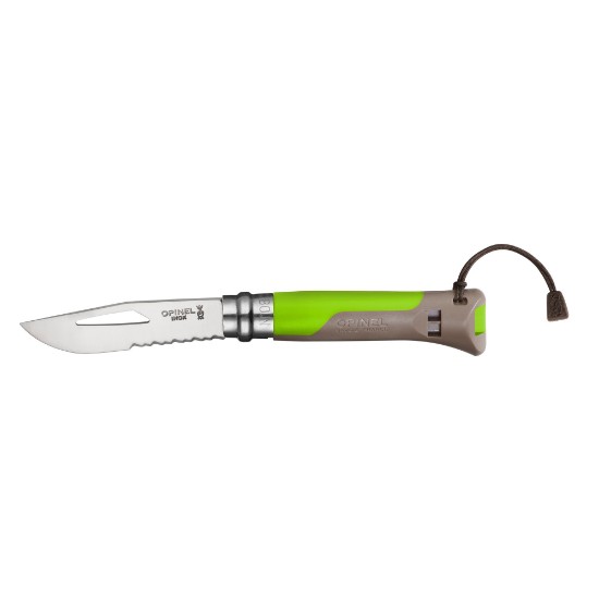 N°08 pocket knife with whistle, stainless steel, 8.5 cm, "Outdoor Junior", Green - Opinel