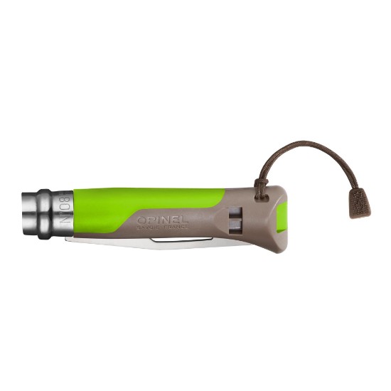 N°08 sikkina tal-but bi whistle, stainless steel, 8.5 cm, "Outdoor", Green - Opinel