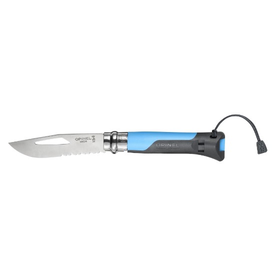 N°08 μαχαίρι τσέπης με σφυρίχτρα, ανοξείδωτο ατσάλι, 8,5 cm, "Outdoor", Soft Blue - Opinel