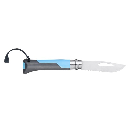 N°08 žepni nož s piščalko, nerjaveče jeklo, 8,5 cm, "Outdoor", Soft Blue - Opinel