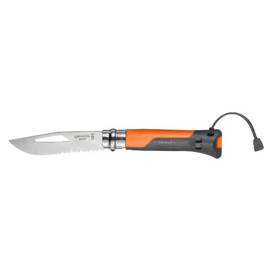 N°08 kabatas nazis ar svilpi, nerūsējošais tērauds, 8,5 cm, "Outdoor", Soft Orange - Opinel