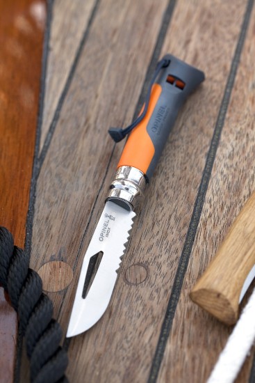 N°08 lommekniv med fløyte, rustfritt stål, 8,5 cm, "Outdoor", Soft Orange - Opinel