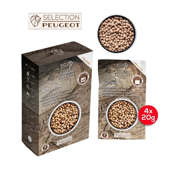 Sæt med 4 poser hvide peberkorn, 4 × 20 g,  Sarawak, Spices - Peugeot