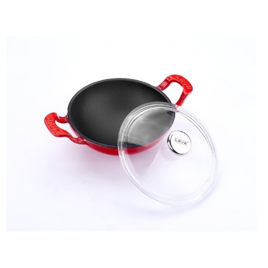 Rund wok med glasslokk, 16 cm, støpejern, rød - LAVA merke