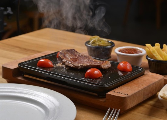 Cast iron hotplate, 22x16 cm, with wooden stand and stainless steel base - LAVA brand