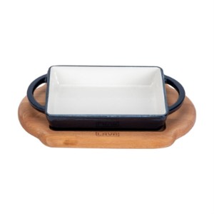 Cast iron dish, 12 x 15 cm, with wooden stand, blue - LAVA brand