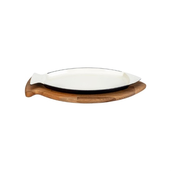 Fish tray, cast iron, 24 x 15 cm, with wooden stand, blue - LAVA