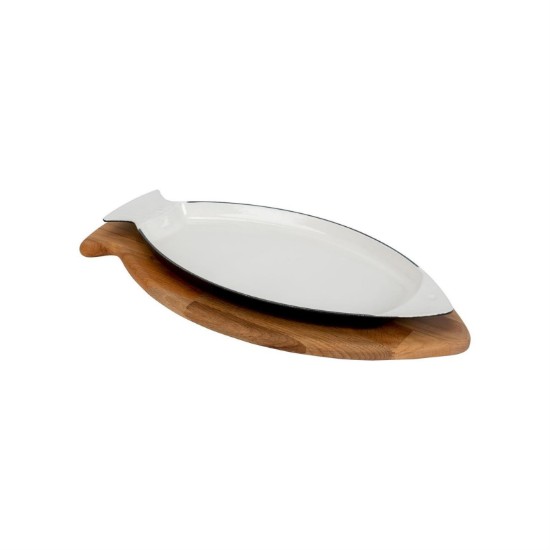 Fish tray, cast iron, 24 x 15 cm, with wooden stand, blue - LAVA