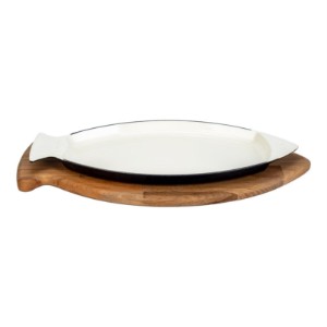 Cast iron dish for serving fish, 20 x 32 cm, with wooden stand, blue - LAVA brand