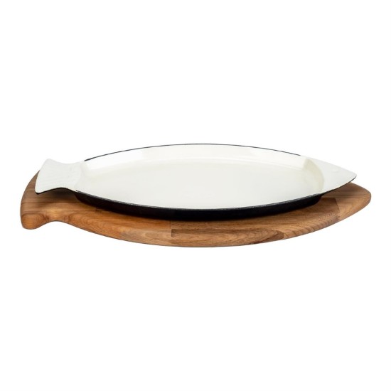 Чугунная тарелка для подачи рыбы, 20 х 32 см, с деревянной подставкой, синяя - бренд LAVA