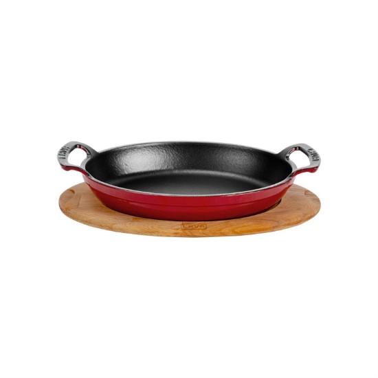Oval cast iron dish, 19 x 14 cm, with wooden stand - LAVA brand