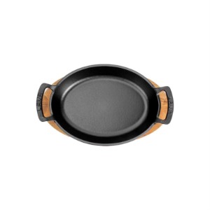 Oval cast iron dish, 19 x 14 cm, with wooden stand - LAVA brand