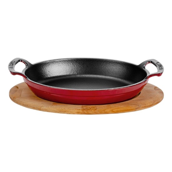 Cast iron oval dish, 27 x 20 cm, with wooden stand, red - LAVA brand