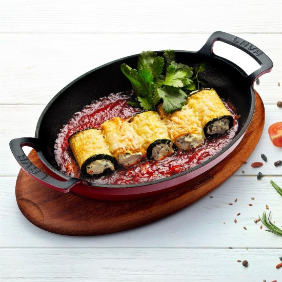 Dixx ovali tal-ħadid fondut, 27 x 20 cm, bi stand tal-injam, aħmar - marka LAVA