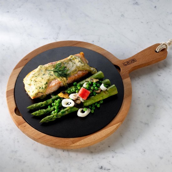 Serving platter, made of cast iron, with wooden stand, 31 cm - LAVA brand