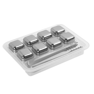 Set of 8 cubes for cooling beverages and tongs, stainless steel - Zokura