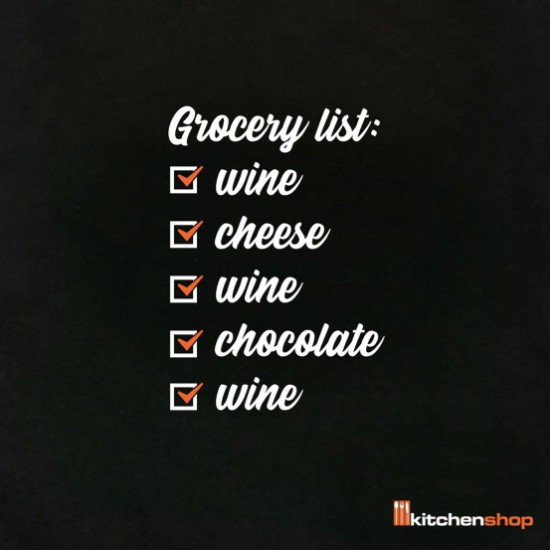 “Grocery list: wine, cheese, wine, chocolate, wine” shopping bag 