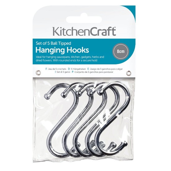 Sraith de 5 crúcaí crochta S-chruthach, cruach chrome-plated, 8 × 4 cm - Kitchen Craft