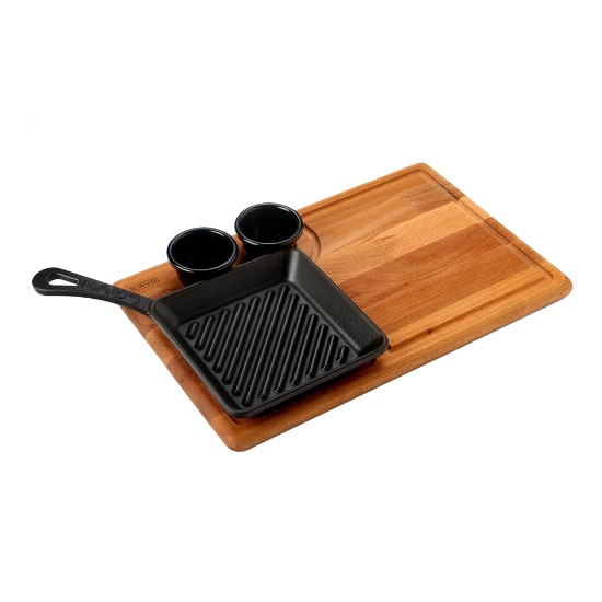 Set tigaie grill fonta, 16 x 16 cm si suport servire  - LAVA