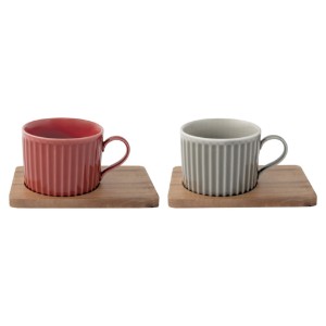 2-piece porcelain mug set, with wooden saucers, 250ml, "Take a Break", Red/Grey - Nuova R2S