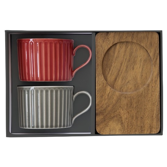 Set 2 porcelanastih skodelic, z lesenimi krožnički, 250 ml, "Take a Break", rdeča/siva - Nuova R2S