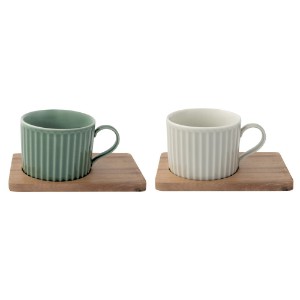 2-piece porcelain mug set, with wooden saucers, 250ml, "Take a Break", Green/White - Nuova R2S