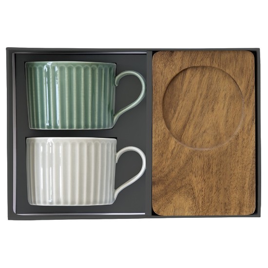 2-piece porcelain mug set, with wooden saucers, 250ml, "Take a Break", Green/White - Nuova R2S