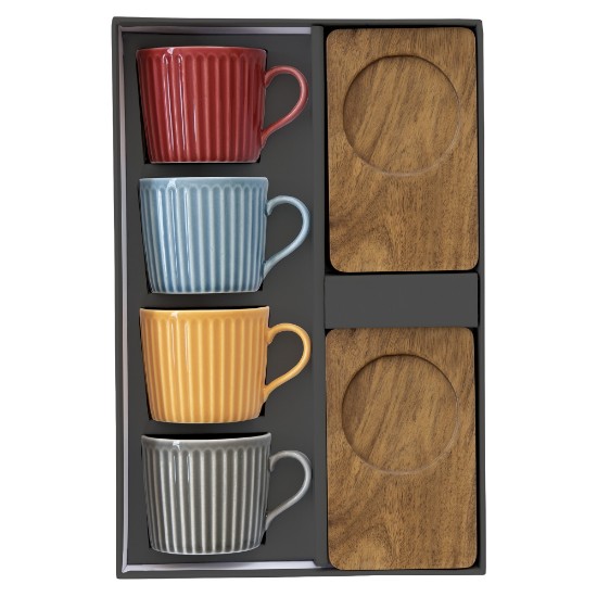 4-piece porcelain cup set, with wooden saucers, 110ml, "Take a Break" - Nuova R2S