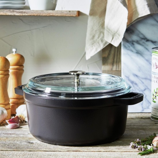 Cocotte demir döküm tencere, cam kapaklı, 24 cm / 3,8 l, Siyah - Staub