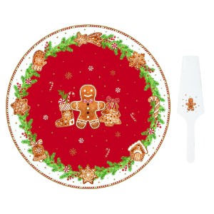 Cake serving platter and spatula set, porcelain, 32 cm, "Fancy Gingerbread" - Nuova R2S