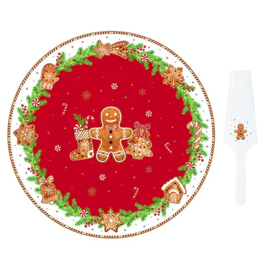 Conjunto travessa e espátula para bolo, porcelana, 32 cm, "Fancy Gingerbread" - Nuova R2S
