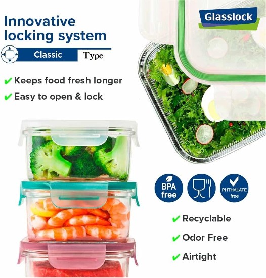 Set of 3 rectangular food storage containers, made from glass, 400 ml, 1 L and 2 L - Glasslock