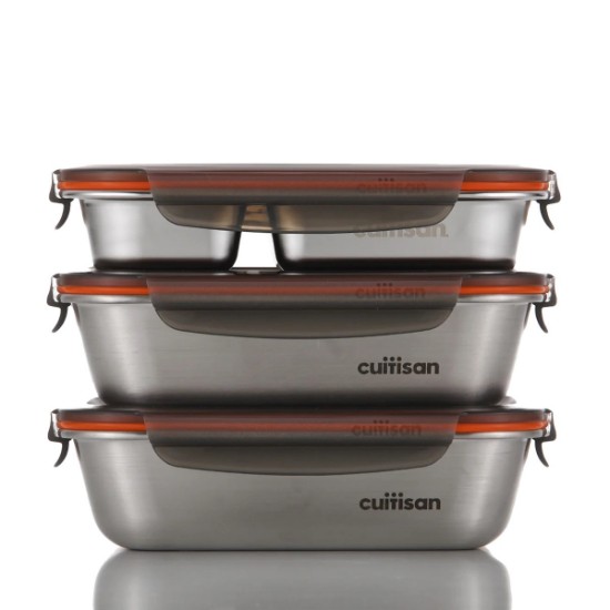 Set of 3 rectangular stainless steel food storage containers and an insulating "To Go" bag - Cuitisan