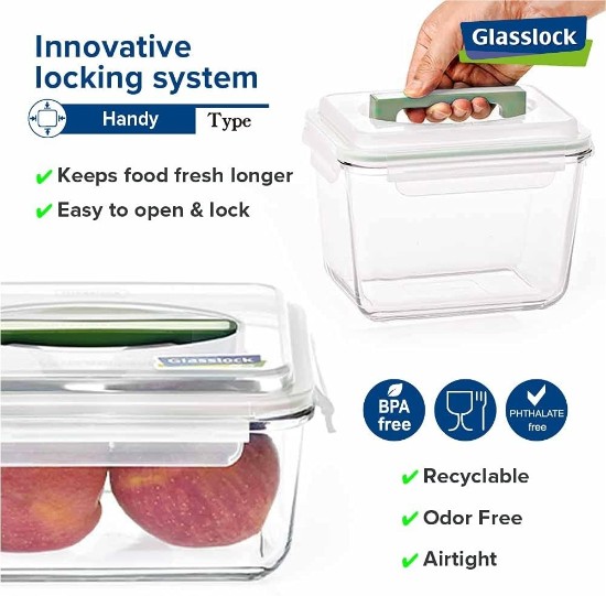 Matförvaringsbehållare med handtag, "Handy" sortiment, 2000 ml, tillverkad av glas - Glasslock