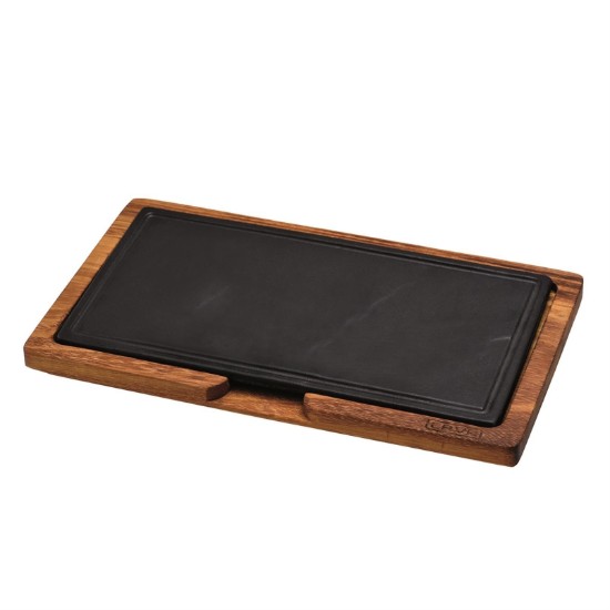 Platter tal-ħadid fondut, 16 x 30 cm, bi stand tal-injam - marka LAVA