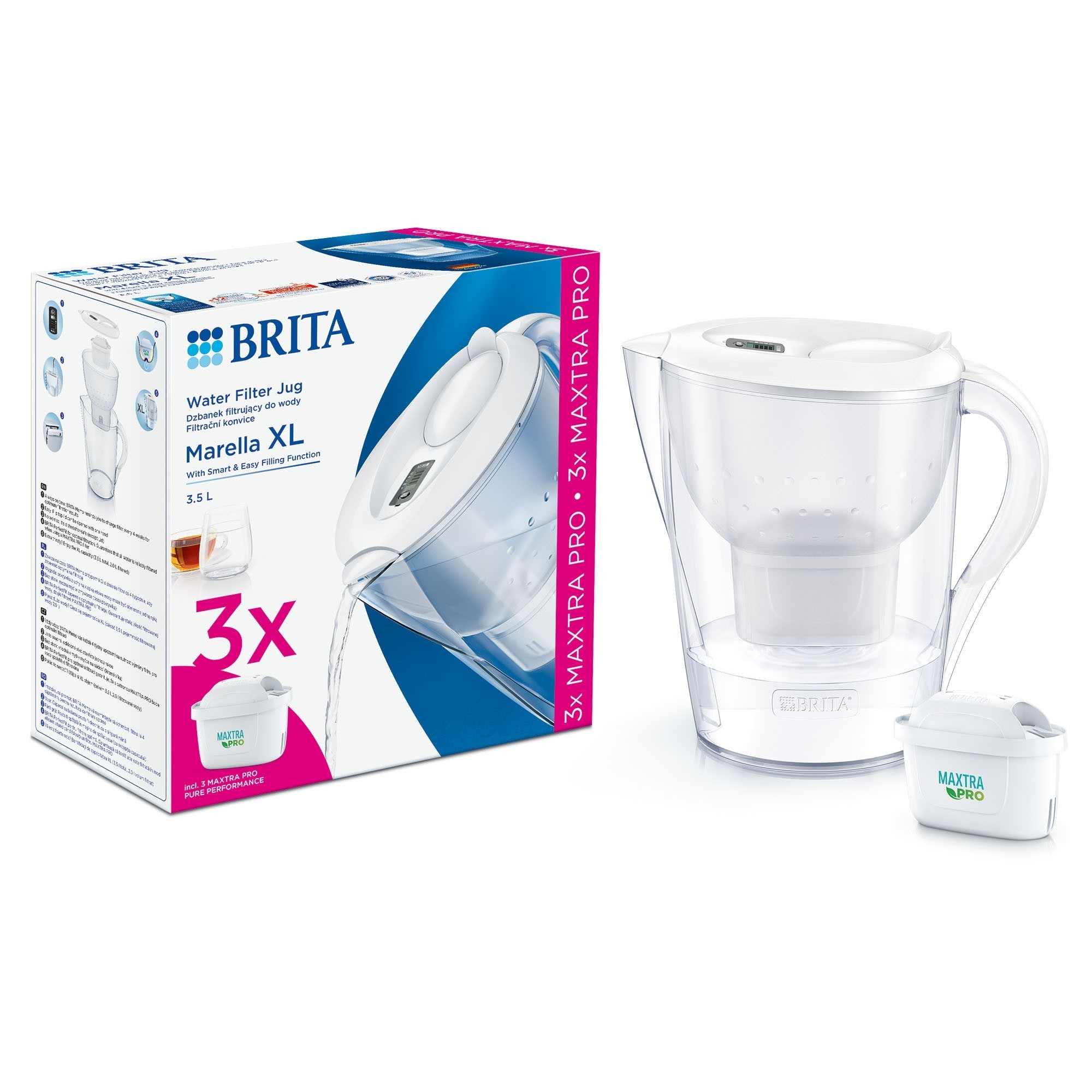 Paquete de inicio BRITA Marella XL 3.5 L + 3 filtros Maxtra PRO (blanco)