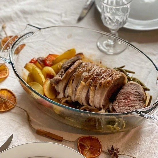 Oval dish with lid, made of heat-resistant glass, "Slow Cook", 4.4 l + 1.4 L - Pyrex