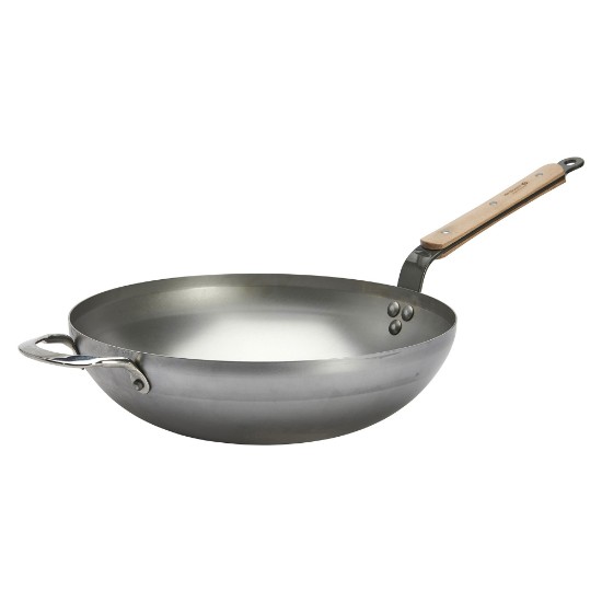 Okrągła patelnia wok z uchwytami, stalowa, 32 cm, "Mineral B Bois" - de Buyer